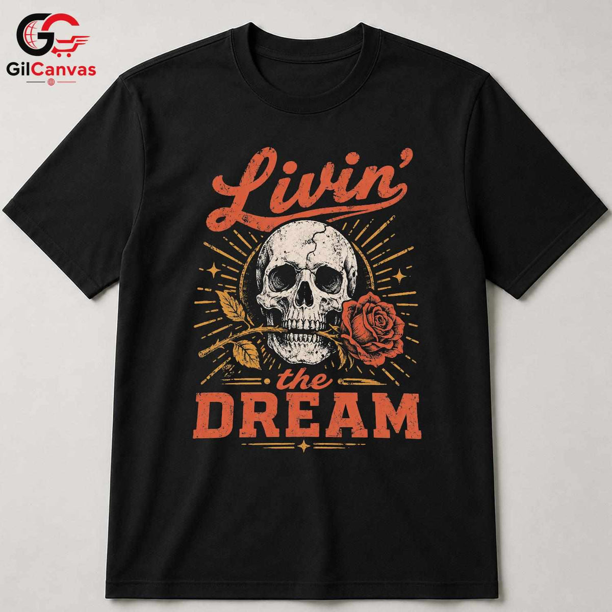 Living The Dream Skull Tee Gothic Style Halloween Casual Wear Unisex Apparel