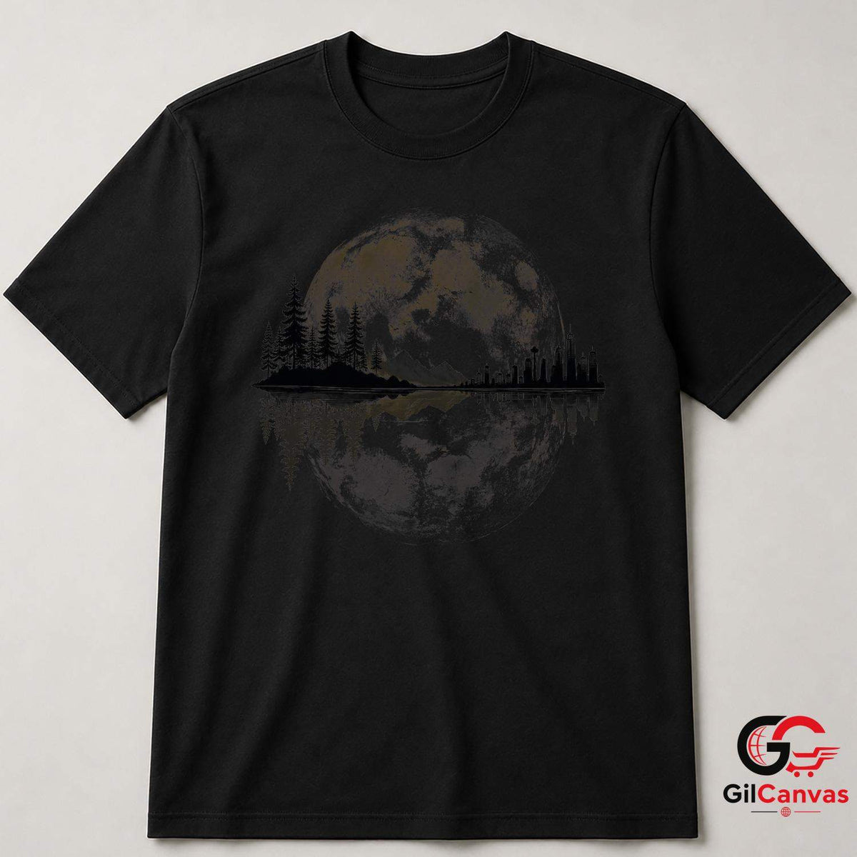 Moonlit City Forest Skyline T-Shirt Scenic Night Sky Unisex Graphic Apparel Tee