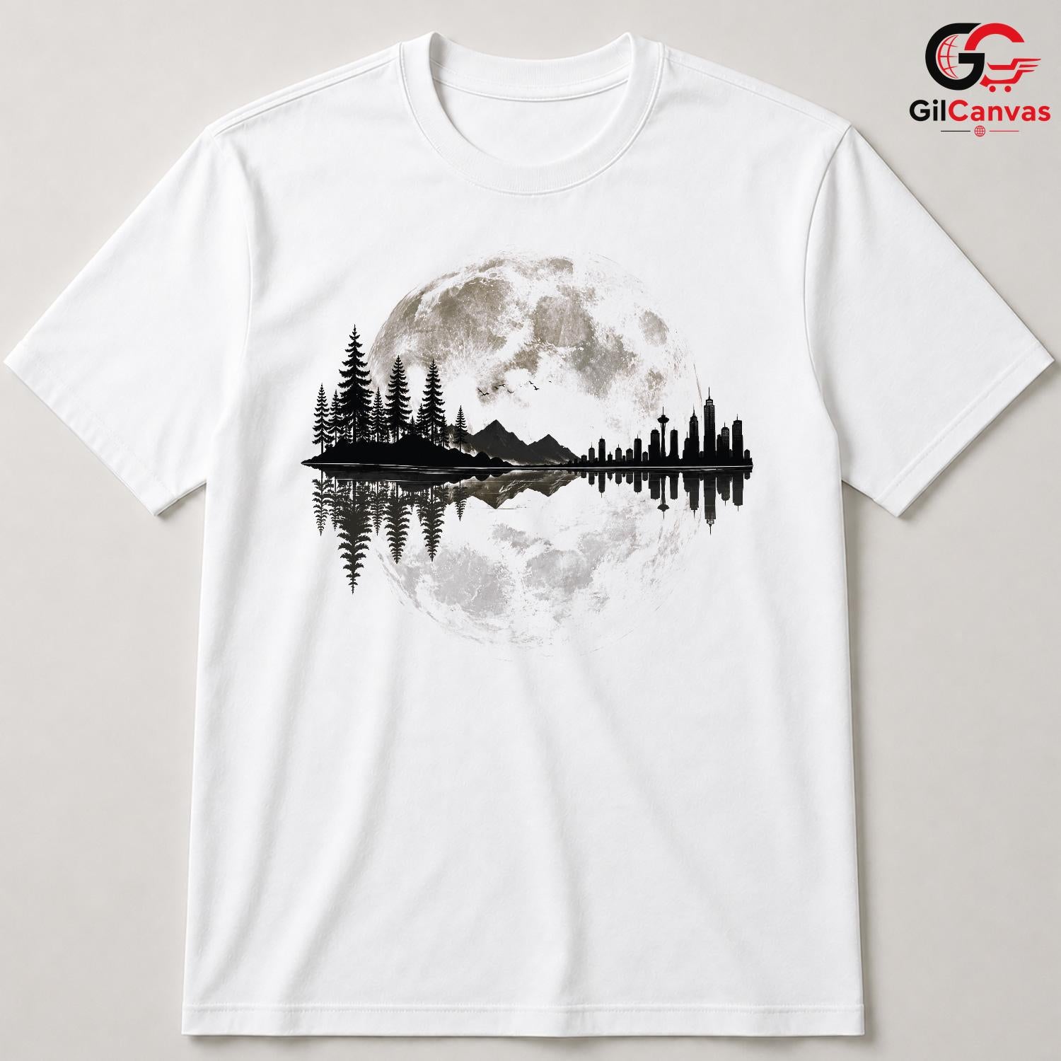 Moonlit City Forest Skyline T-Shirt Scenic Night Sky Unisex Graphic Apparel Tee