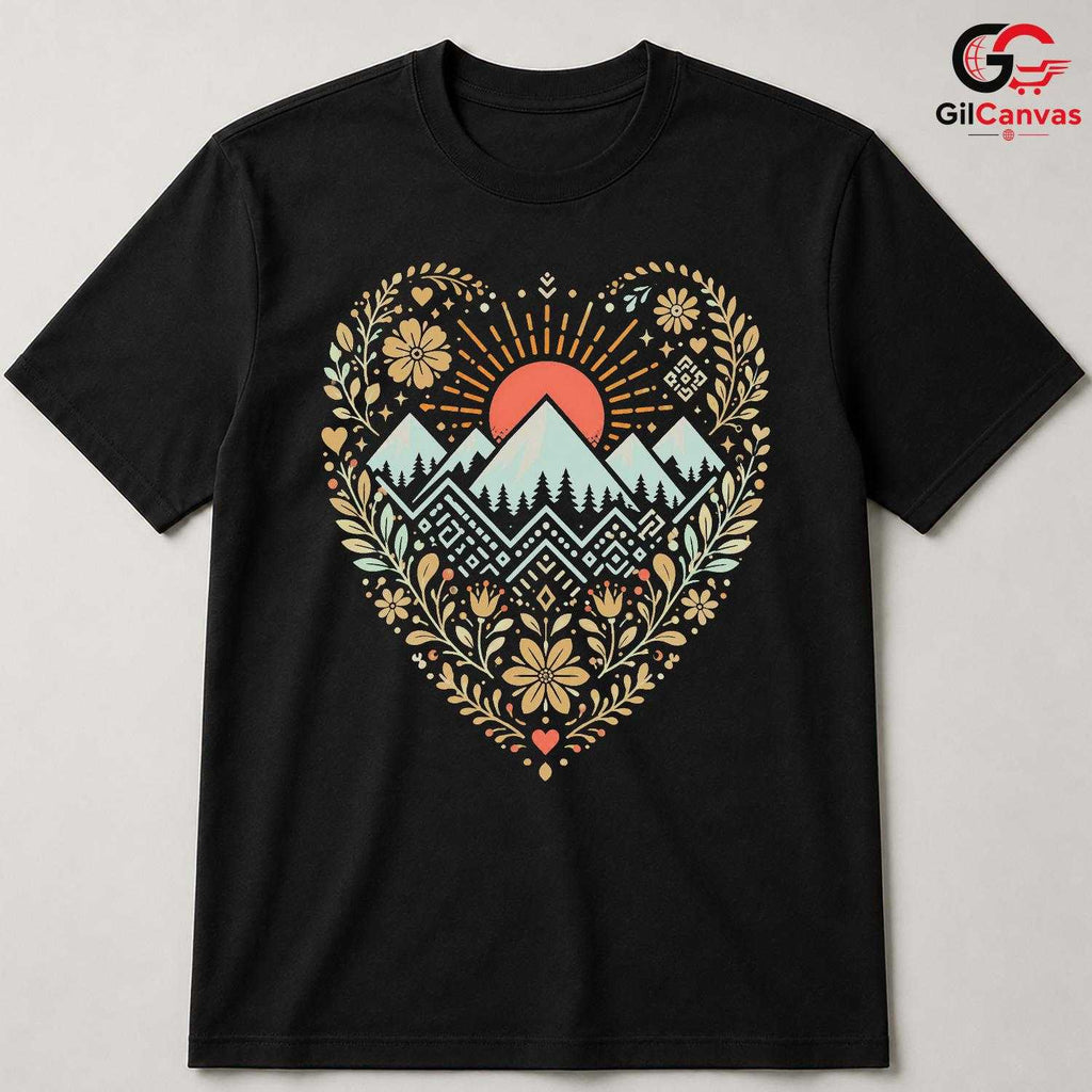 Mountain Sunset Floral T-Shirt Nature Hiking Camping Unisex Outdoor Graphic Tee