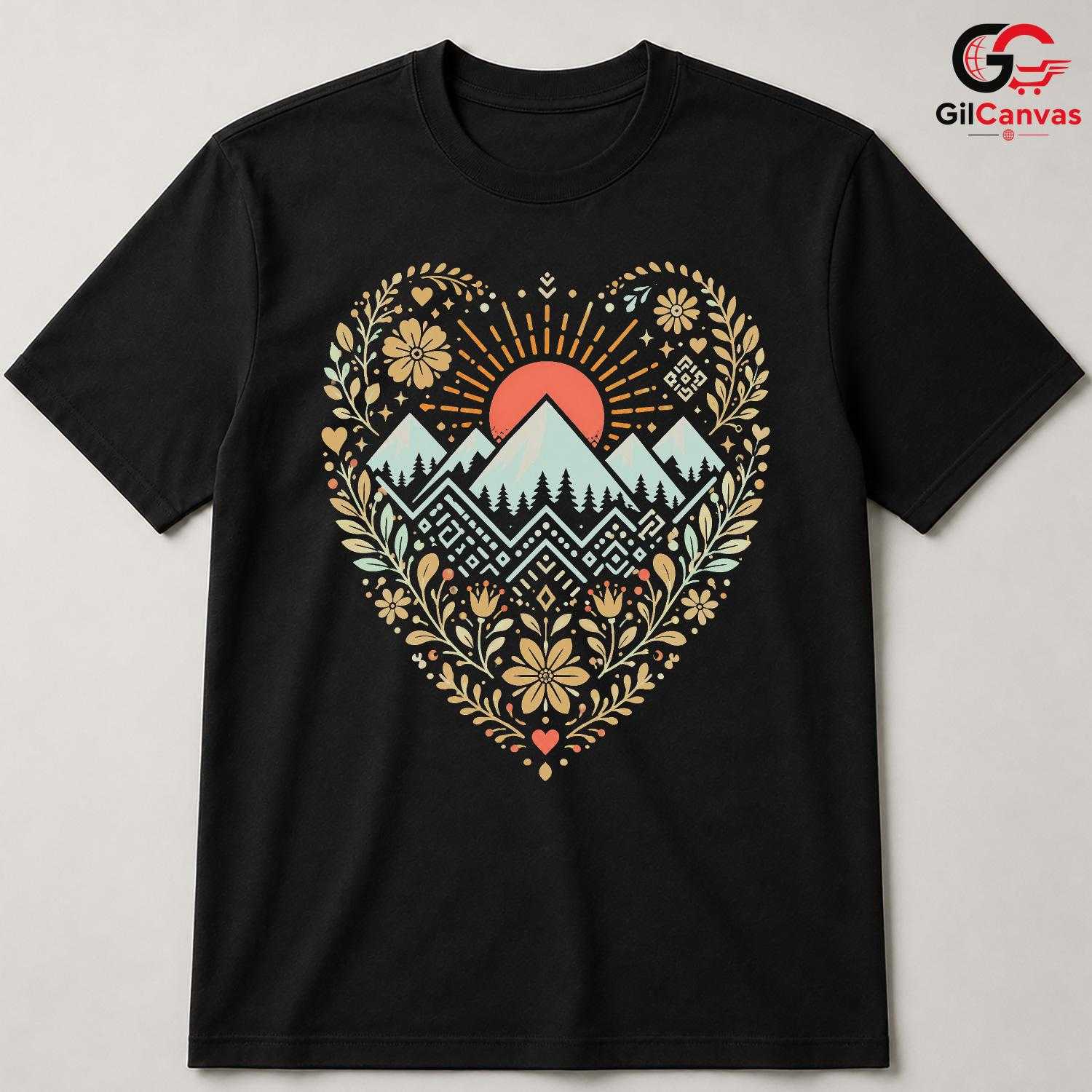 Mountain Sunset Floral T-Shirt Nature Hiking Camping Unisex Outdoor Graphic Tee