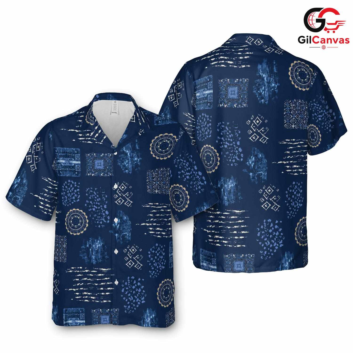 Navy Floral Hawaiian Shirt, Custom Unisex Beachwear for Summer Party Event