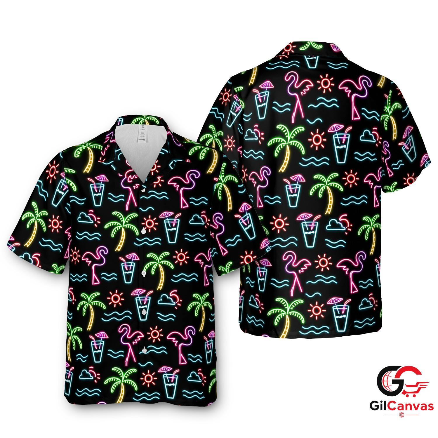 Neon Flamingo Hawaiian Shirt For Summer Parties Unisex Tropical Beach Wear