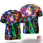 Neon Fractal Abstract 3D T-Shirt, Glowing Unisex Psychedelic Graphic Tee Music Fests