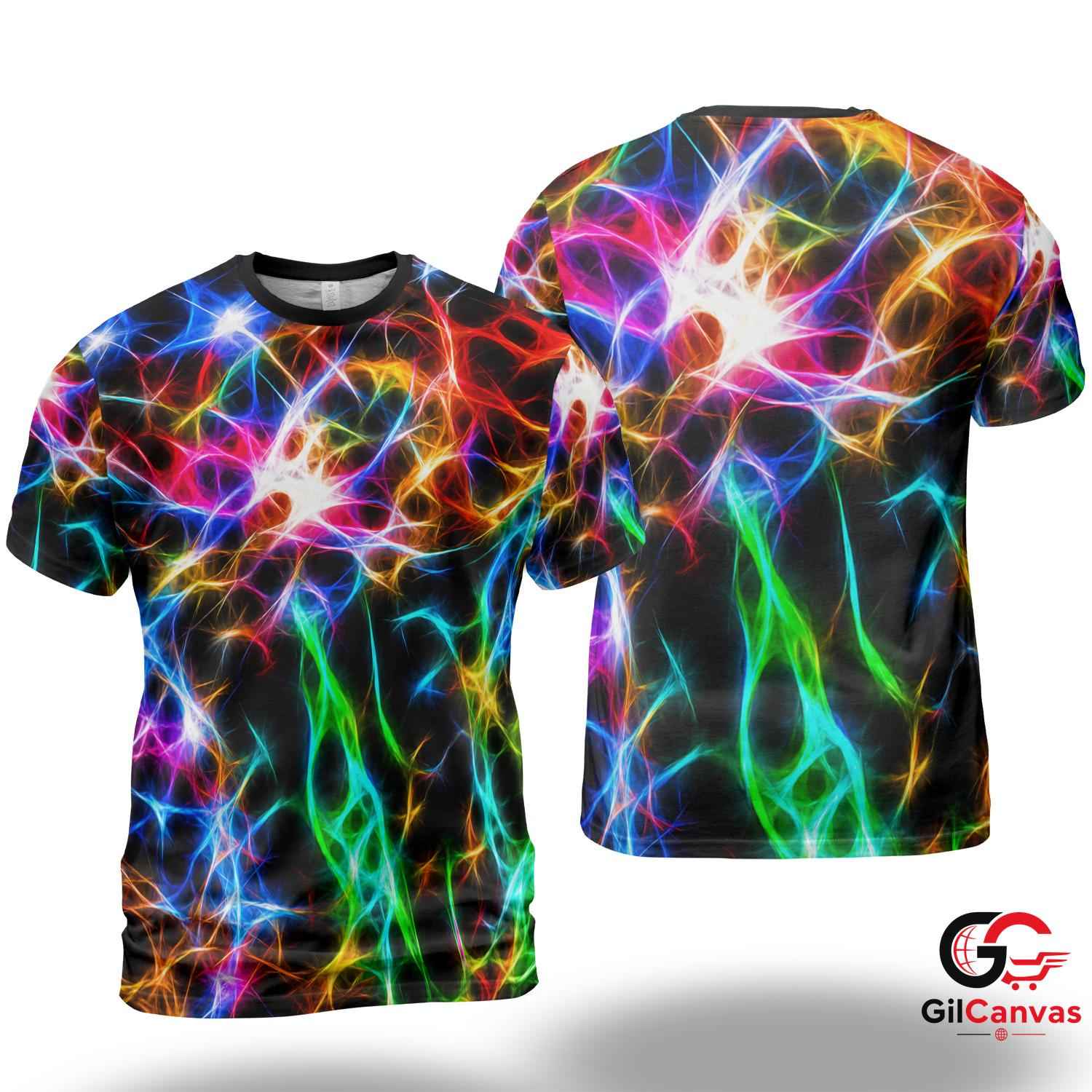 Neon Fractal Abstract 3D T-Shirt, Glowing Unisex Psychedelic Graphic Tee Music Fests