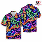Neon Galaxy Pizza Dinosaur Tee, Vibrant Funny Unisex Aloha Summer Party Wear