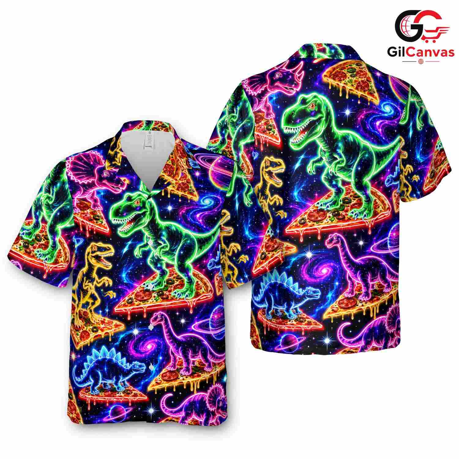 Neon Galaxy Pizza Dinosaur Tee, Vibrant Funny Unisex Aloha Summer Party Wear