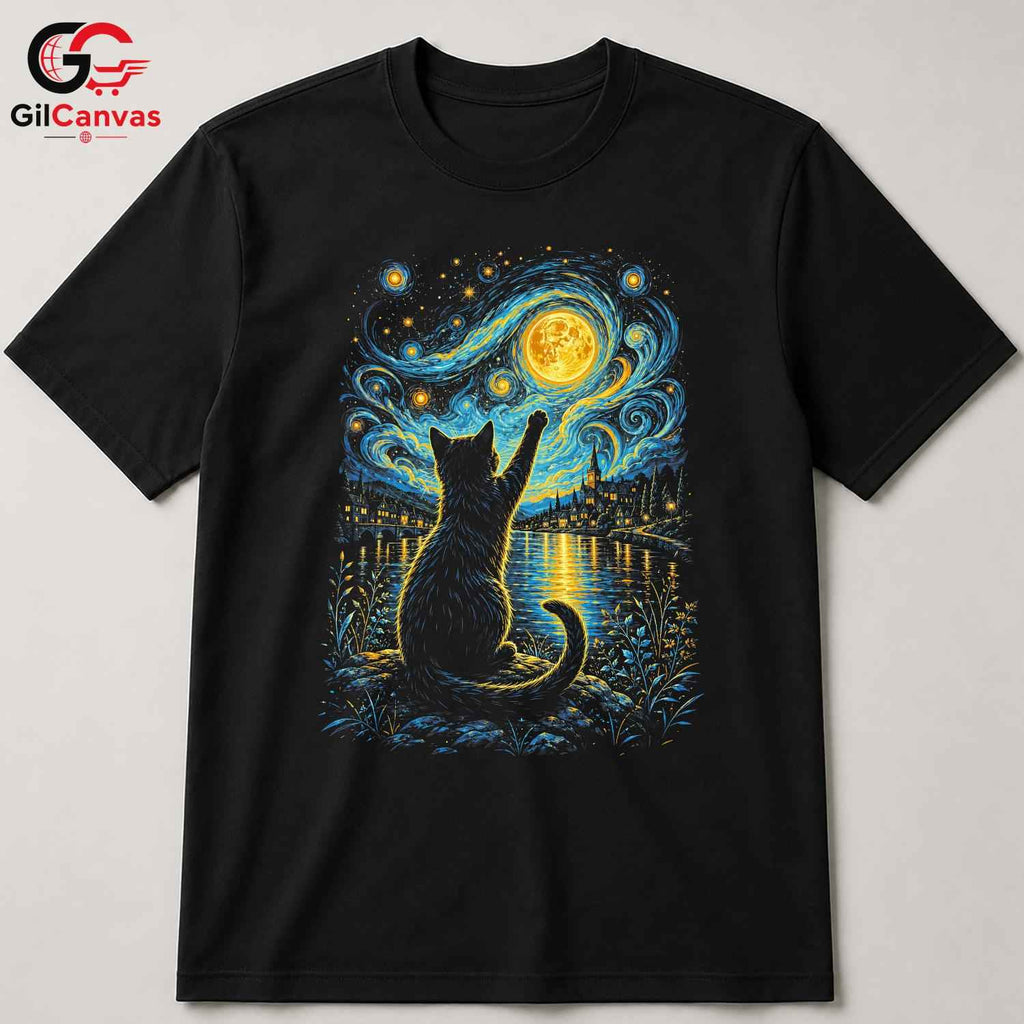Night Sky Cat Graphic T-Shirt Moon Stars Design Perfect Gift Women Men Shirt