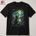 Night Sky Cat Graphic T-Shirt Moon Stars Design Perfect Gift Women Men Shirt