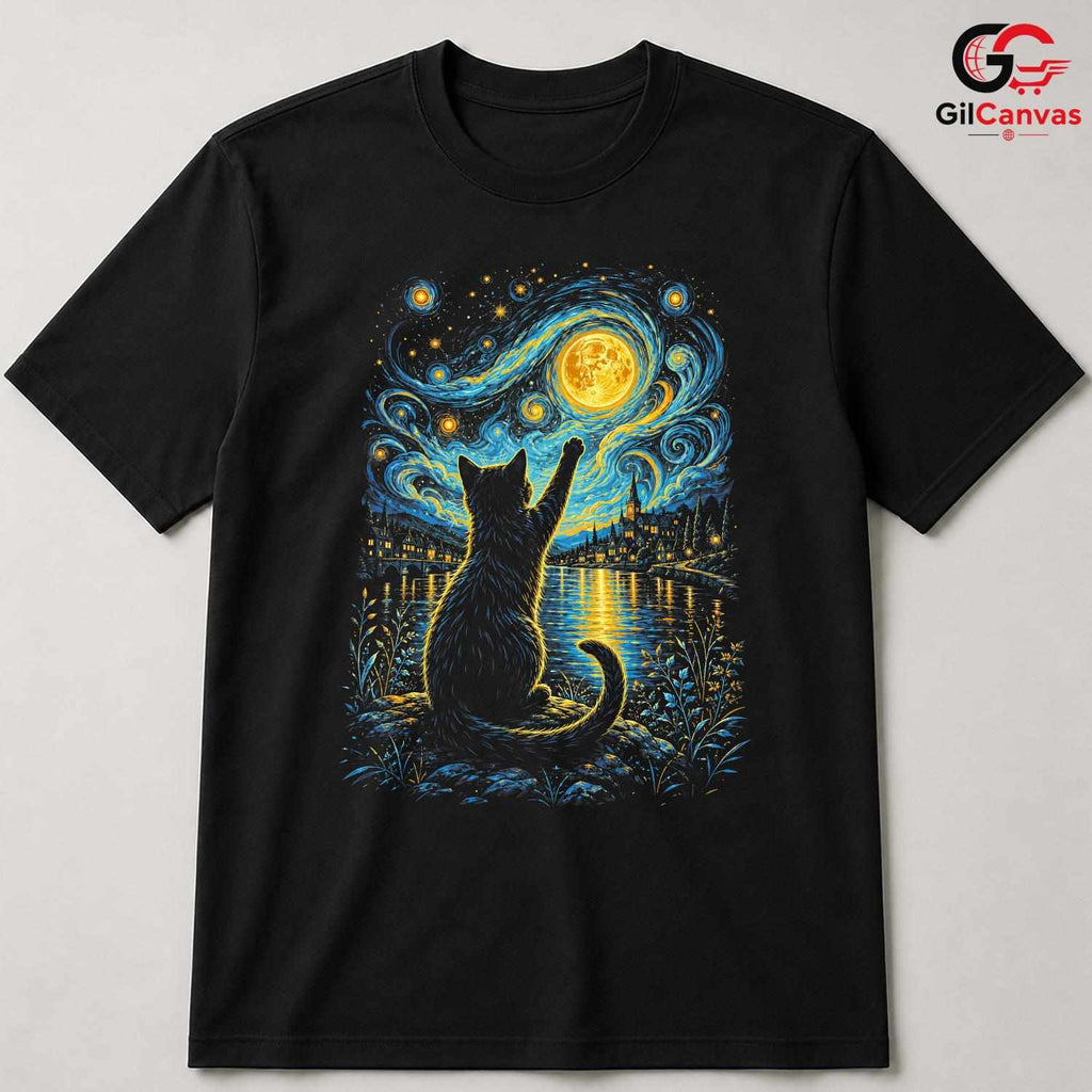 Night Sky Cat Graphic T-Shirt Moon Stars Design Perfect Gift Women Men Shirt