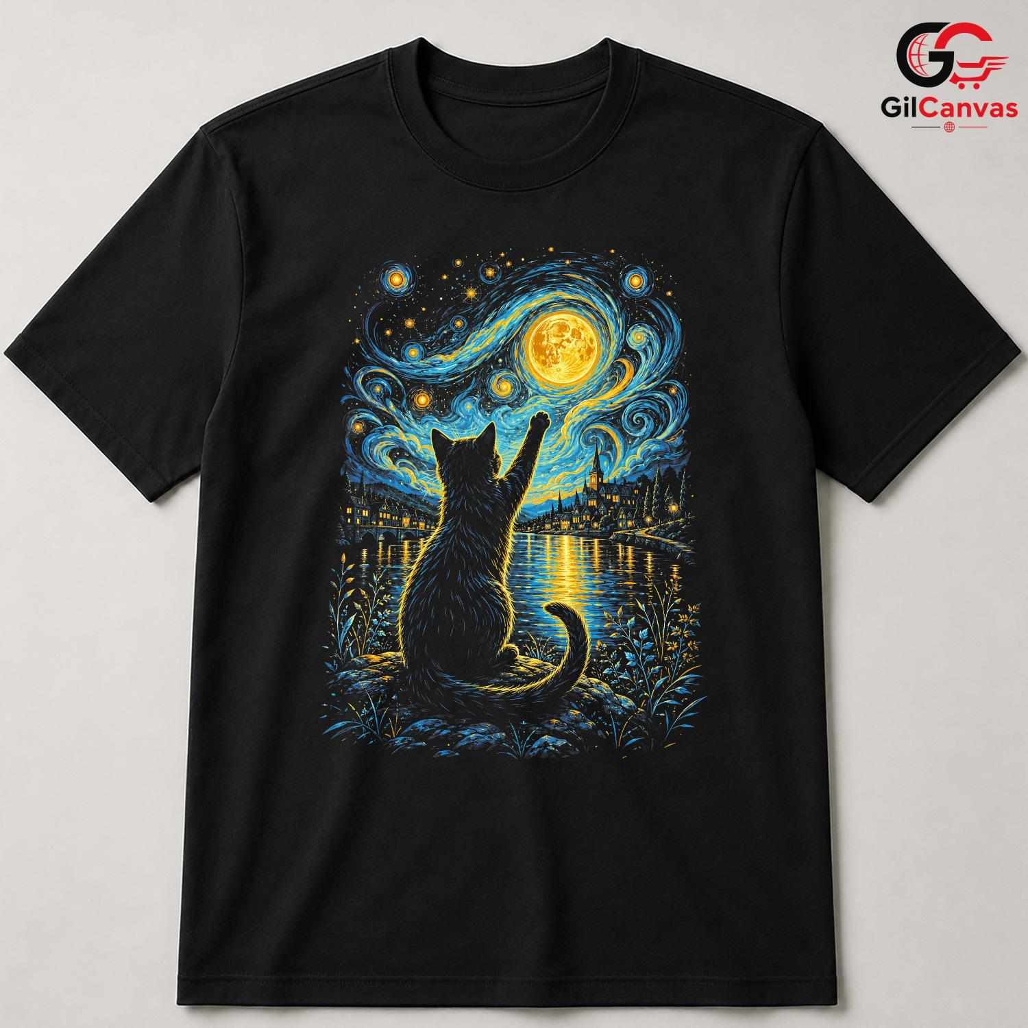 Night Sky Cat Graphic T-Shirt Moon Stars Design Perfect Gift Women Men Shirt