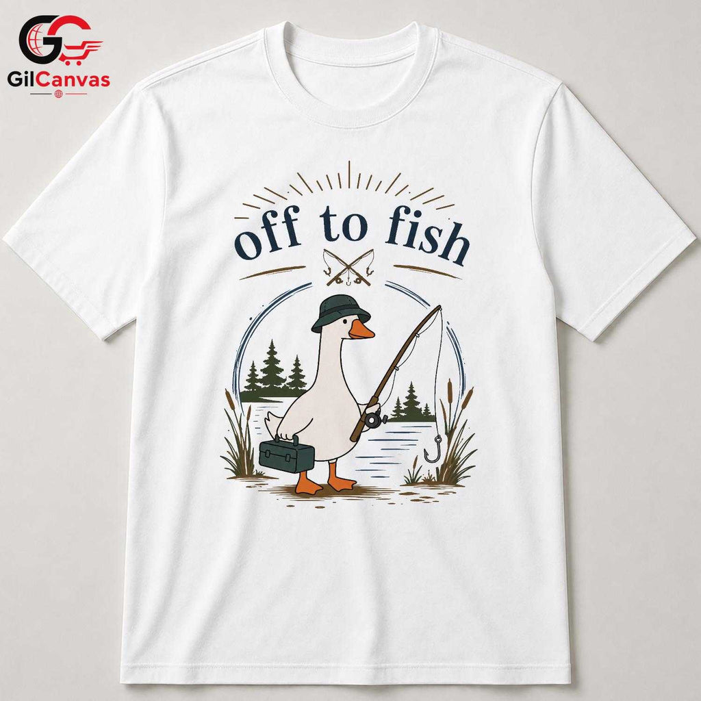 Off To Fish Cartoon Duck T-Shirt Angler Enthusiast Unisex Casual Apparel