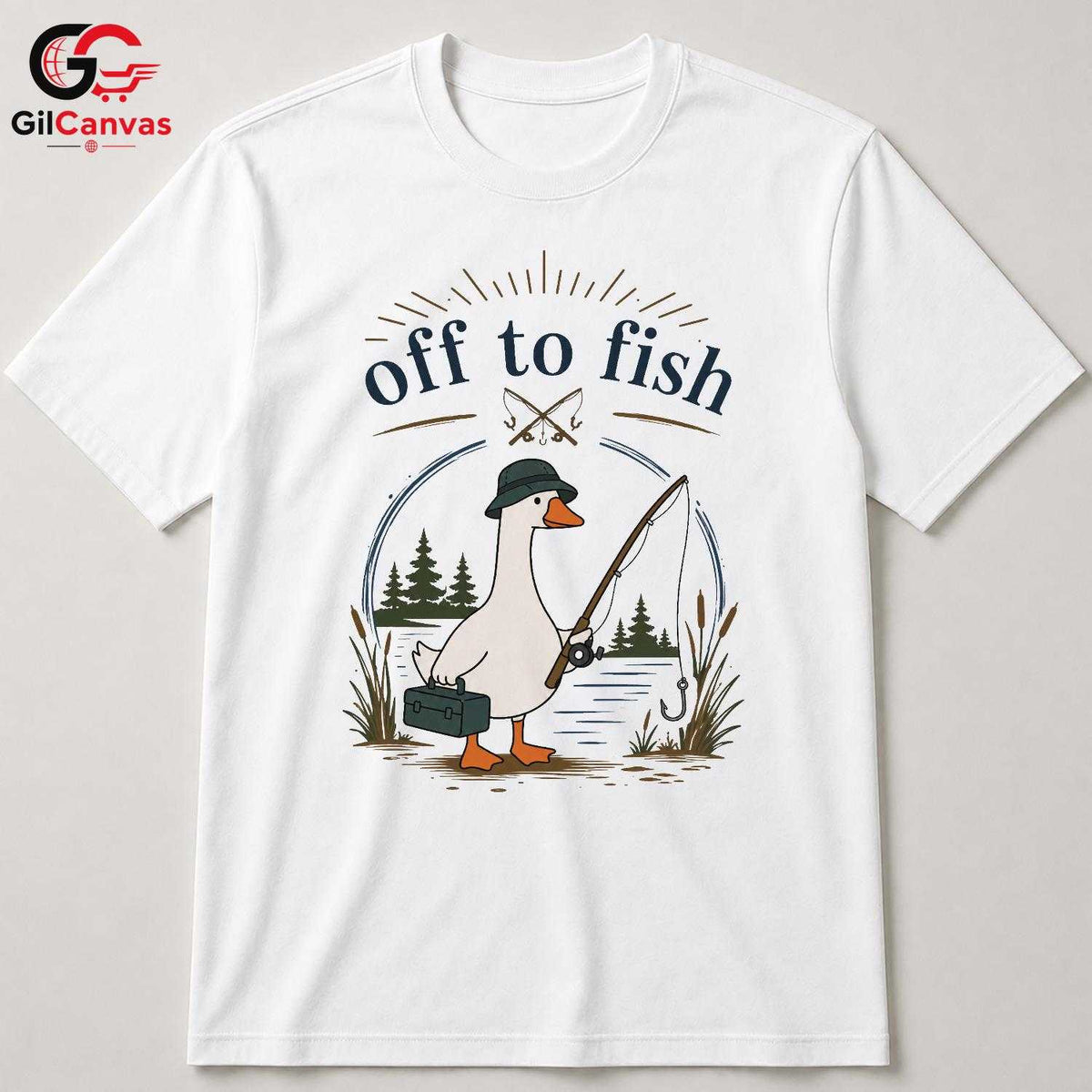 Off To Fish Cartoon Duck T-Shirt Angler Enthusiast Unisex Casual Apparel