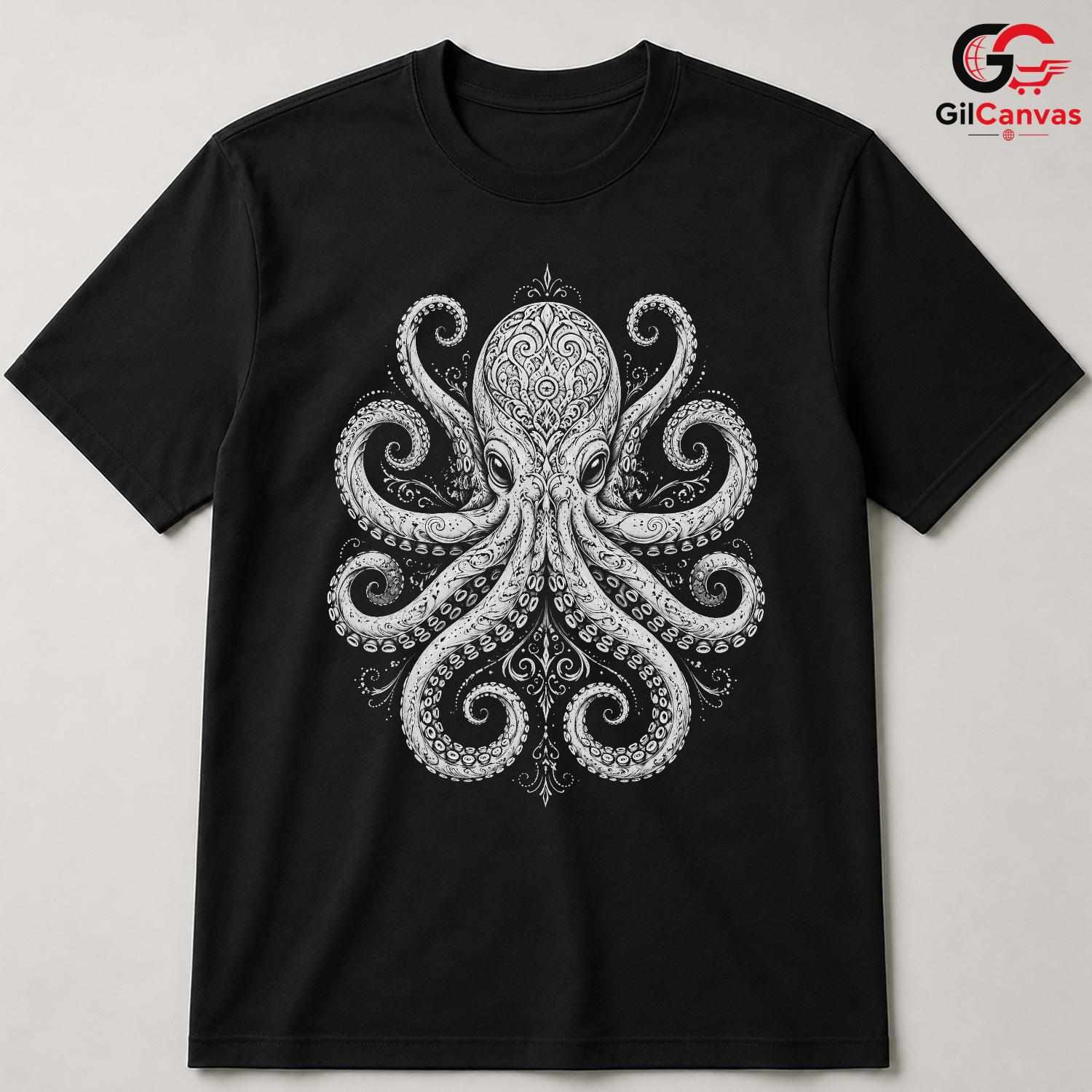 Ornate Tribal Octopus T-Shirt Marine Life Nautical Unisex Cephalopod Gift Tee