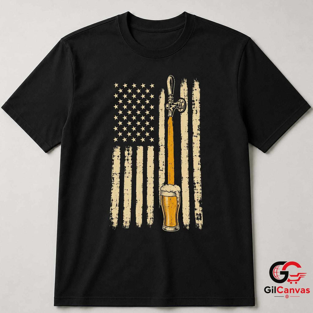 Patriotic Beer Drinking Flag T-Shirt Independence Day Unisex Graphic Apparel Tee