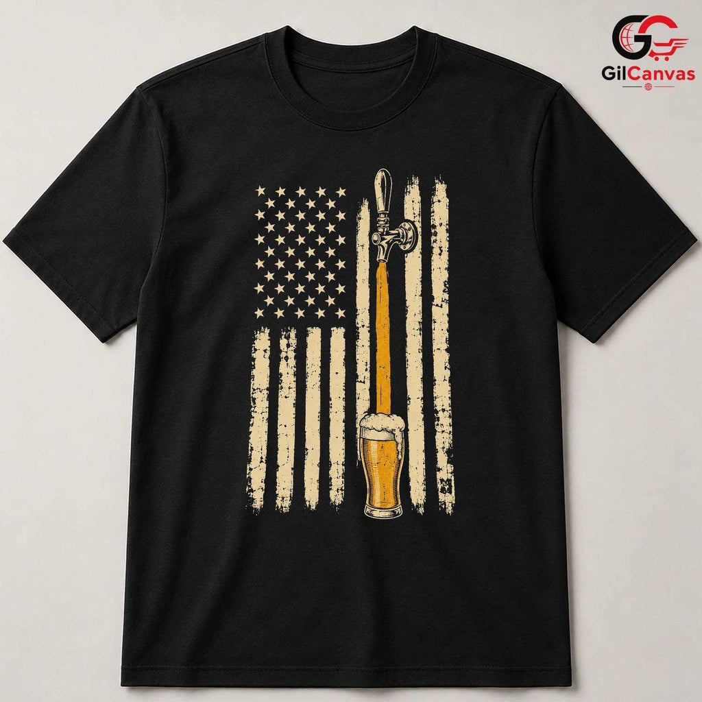 Patriotic Beer Drinking Flag T-Shirt Independence Day Unisex Graphic Apparel Tee