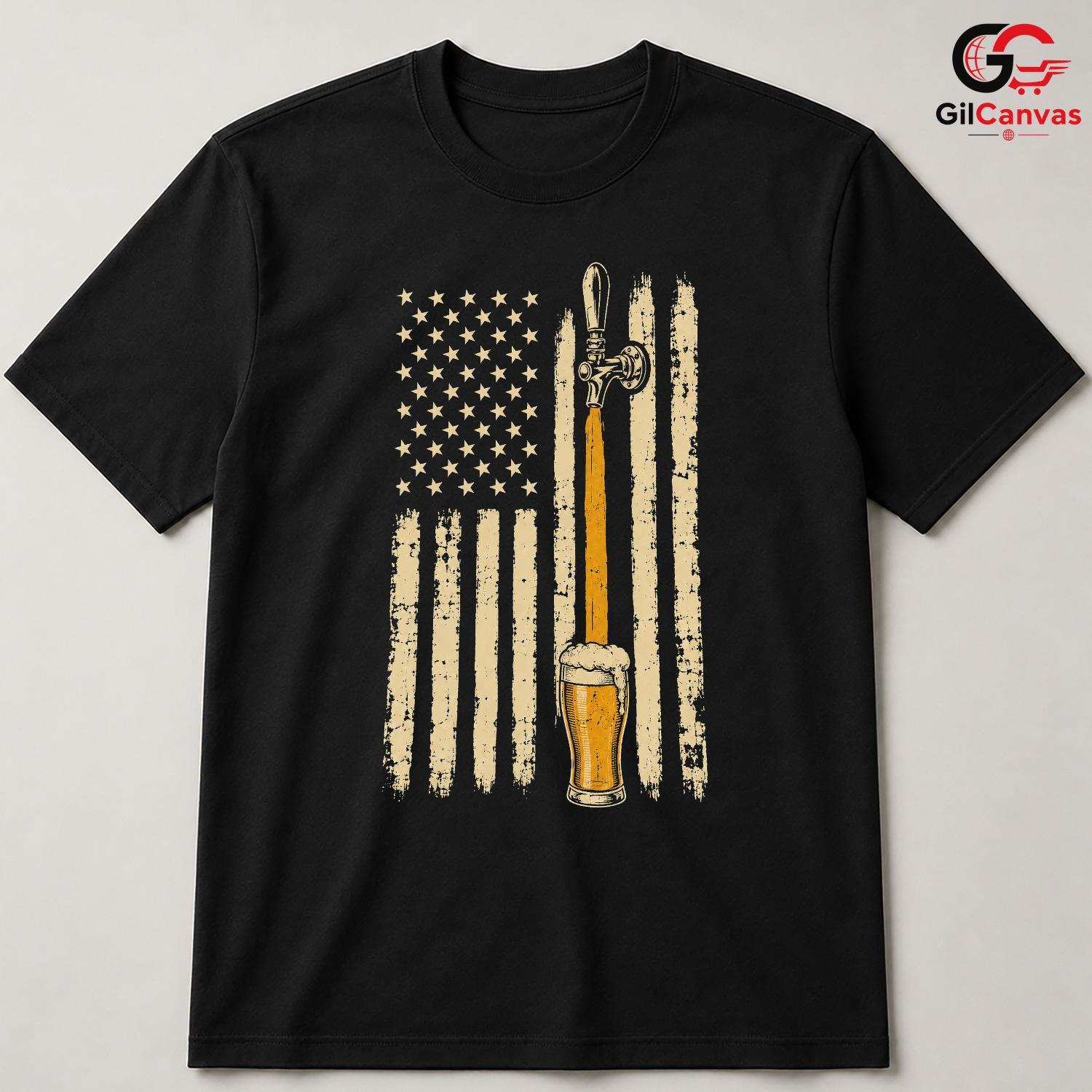 Patriotic Beer Drinking Flag T-Shirt Independence Day Unisex Graphic Apparel Tee