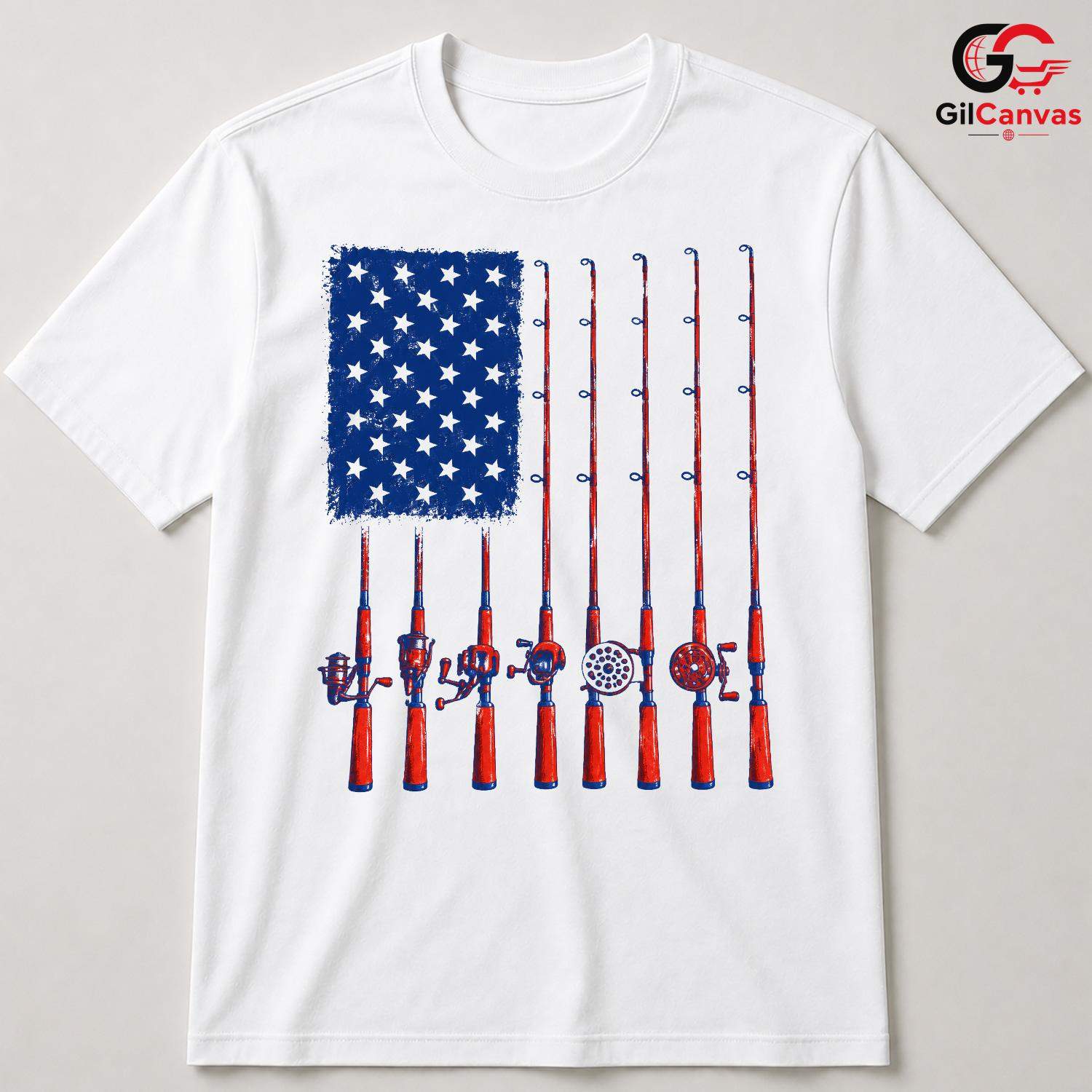 Patriotic Fishing Rod Flag T-Shirt Fourth Of July Angler Unisex Graphic Apparel
