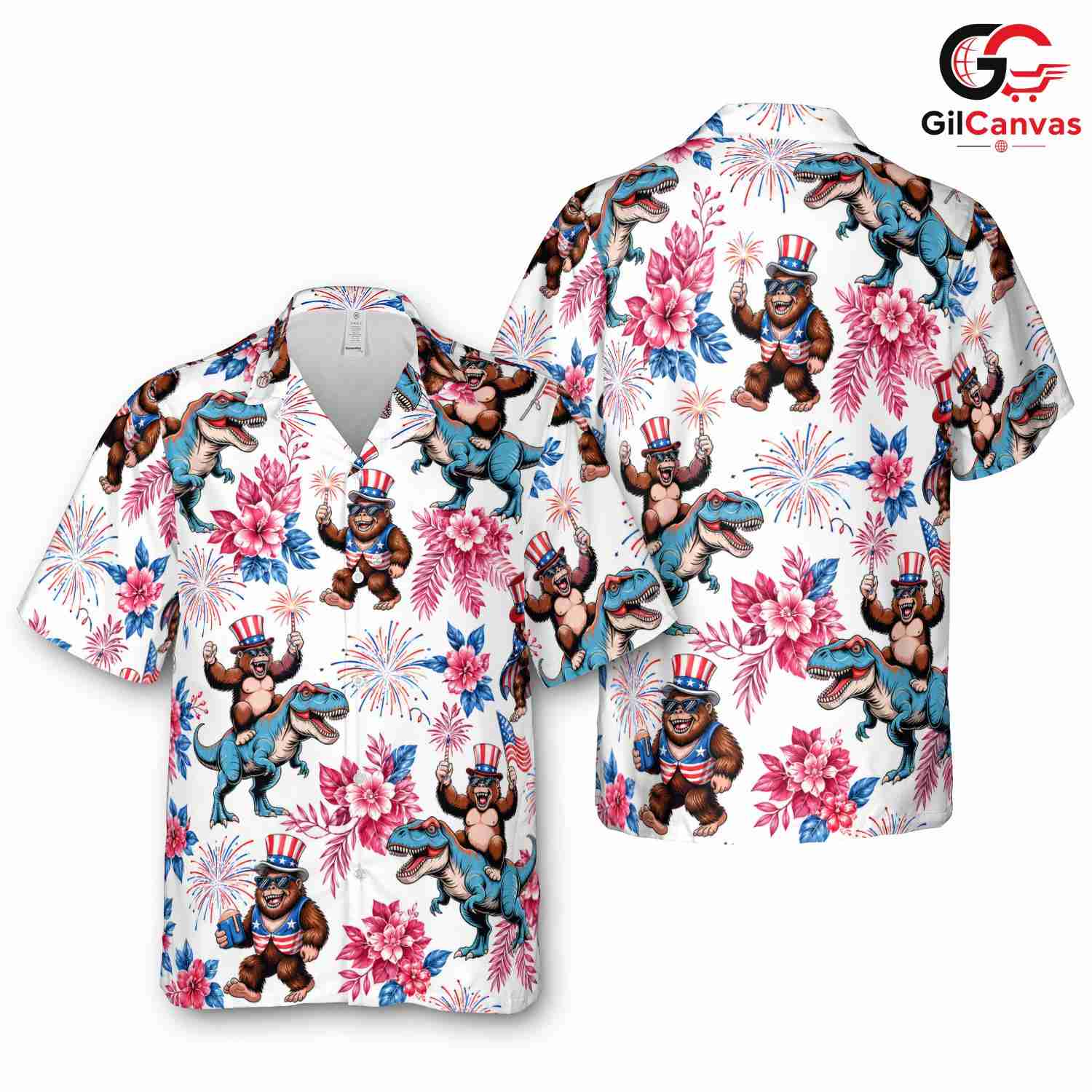 Patriotic Gorilla Dinosaur Tee, Unisex 4th Of July Summer Beach Party Wear