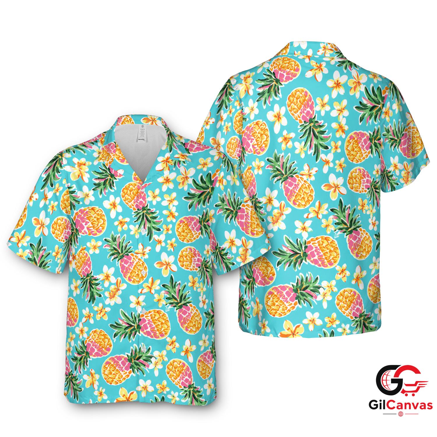 Pineapple Print Hawaiian Shirt Women Summer Tropical Flowers Relaxed Fits