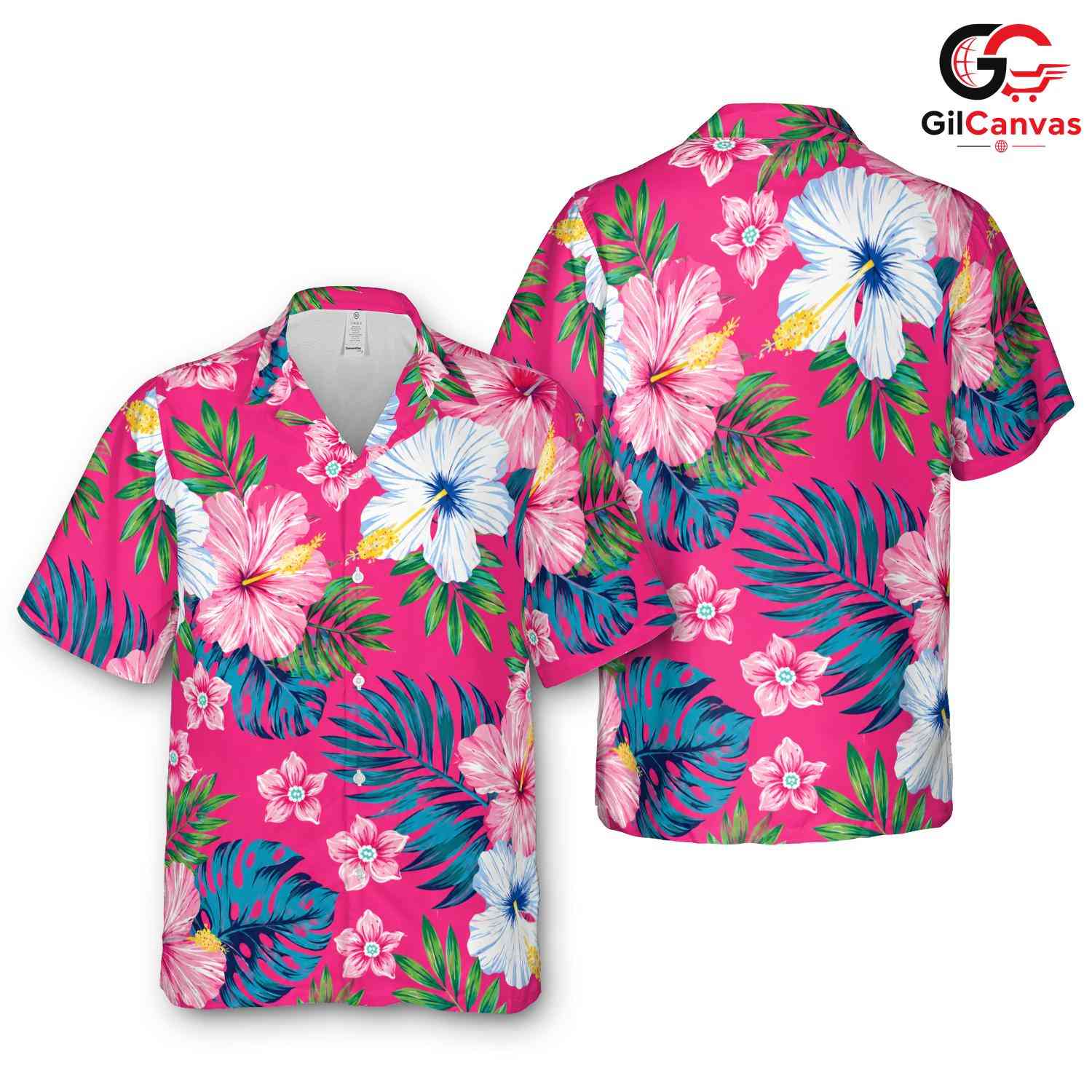 Pink Hibiscus Floral Beach Shirt, Mens Aloha Summer Vacation Tropical Wear