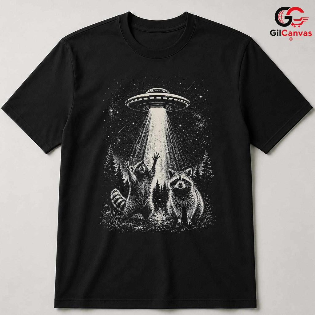 Raccoon Alien Abduction Shirt Spooky Space Forest Unisex Halloween Graphic Tee