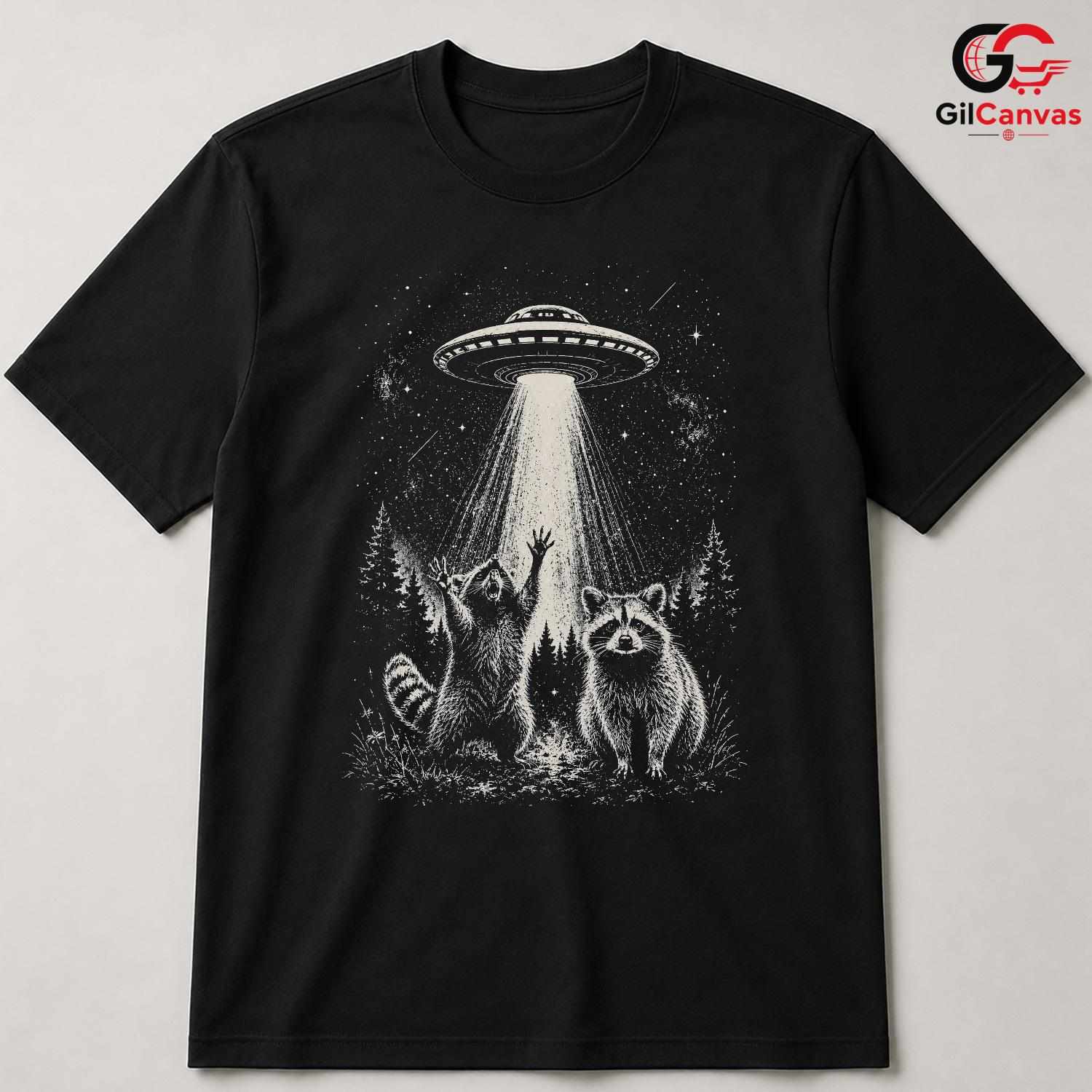 Raccoon Alien Abduction Shirt Spooky Space Forest Unisex Halloween Graphic Tee