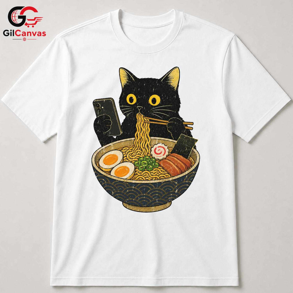 Ramen Eating Cat T-Shirt Cute Custom Design Feline Lover Gift Unisex Apparel