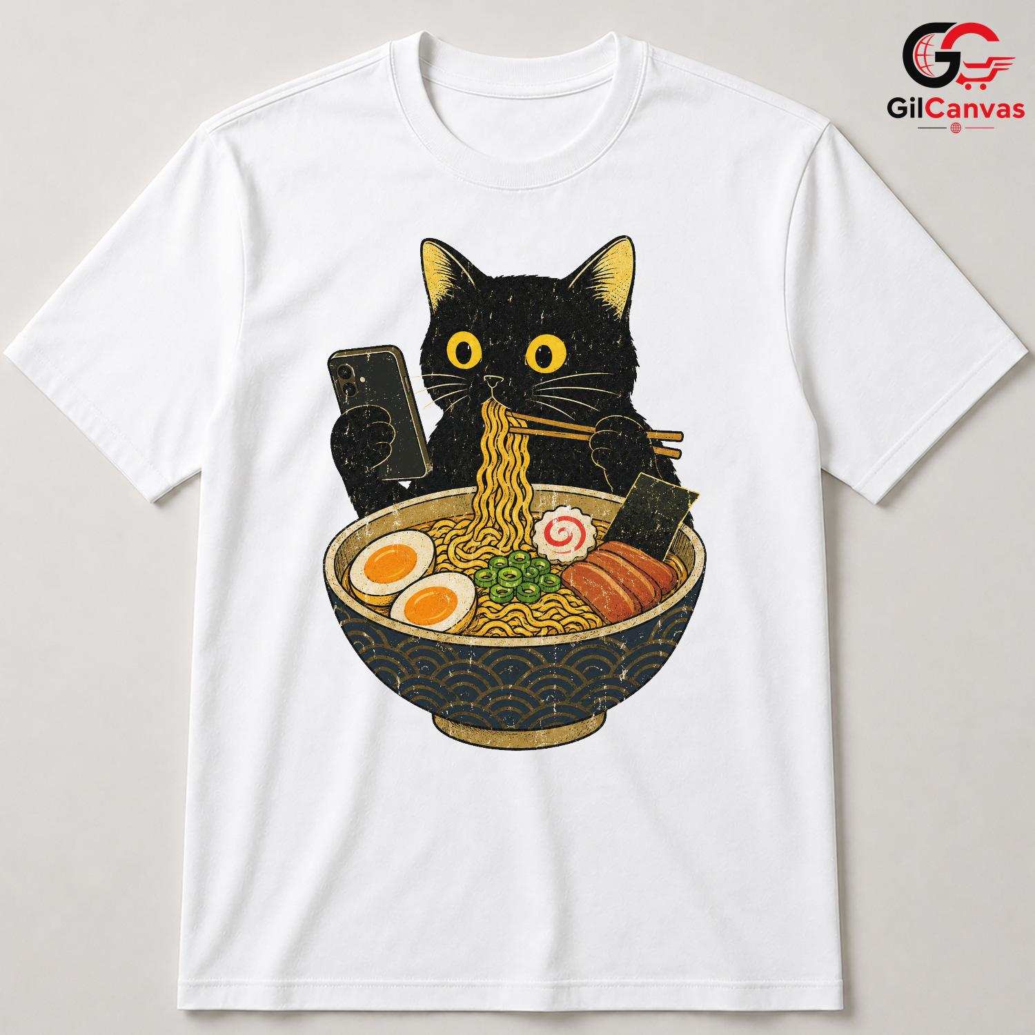 Ramen Eating Cat T-Shirt Cute Custom Design Feline Lover Gift Unisex Apparel