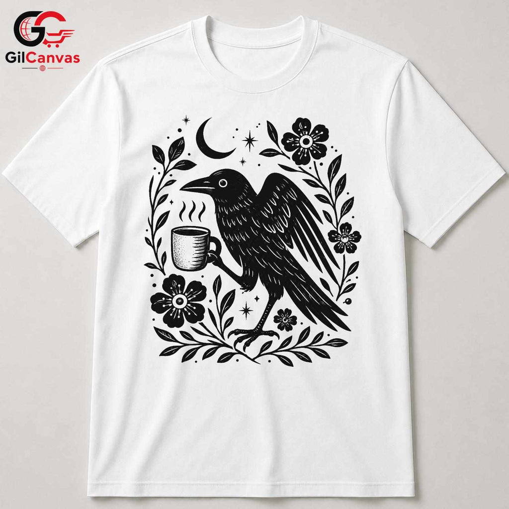 Raven Drinking Coffee T-Shirt Men Women Halloween Stylish Graphic Custom Shirt