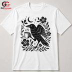 Raven Drinking Coffee T-Shirt Men Women Halloween Stylish Graphic Custom Shirt