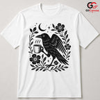 Raven Drinking Coffee T-Shirt Men Women Halloween Stylish Graphic Custom Shirt