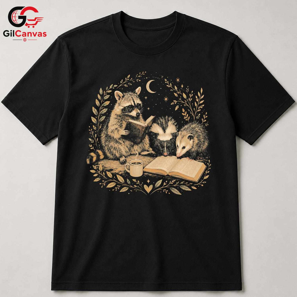Reading Animals T-Shirt Unisex Book Lover Cute Raccoon Skunk Graphic Apparel