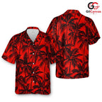 Red Black Palm Tree Aloha Shirt, Mens Tropical Beach Summer Vacation Wear