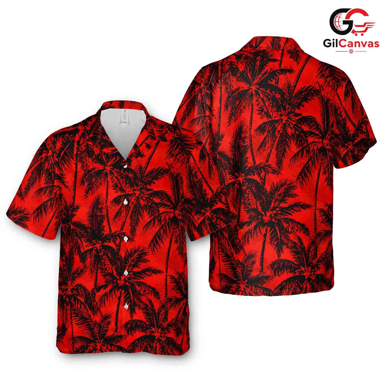 Red Black Palm Tree Aloha Shirt, Mens Tropical Beach Summer Vacation Wear