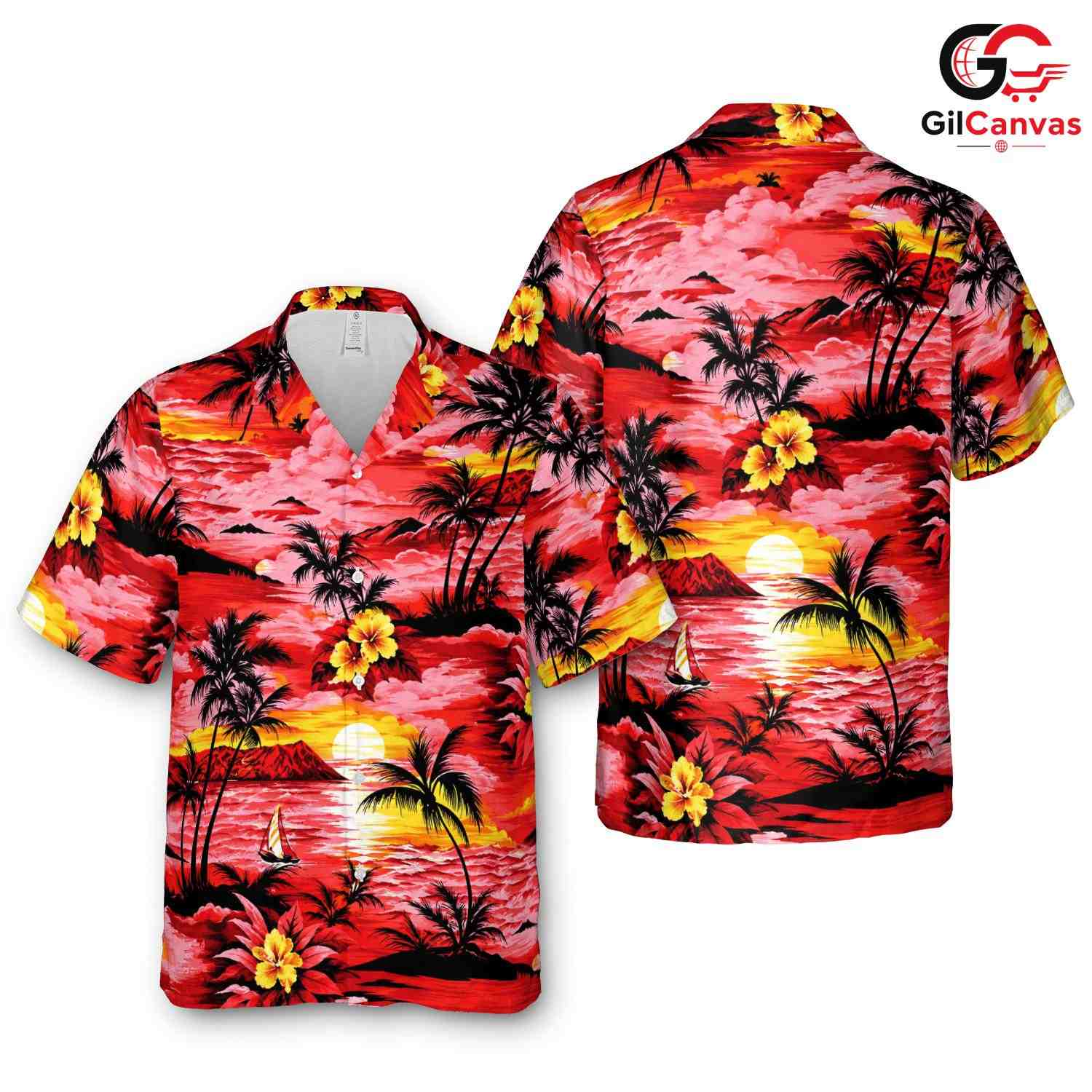 Red Tropical Hibiscus Palm Shirt, Unisex Beach Cruise Wear Summer Vacation