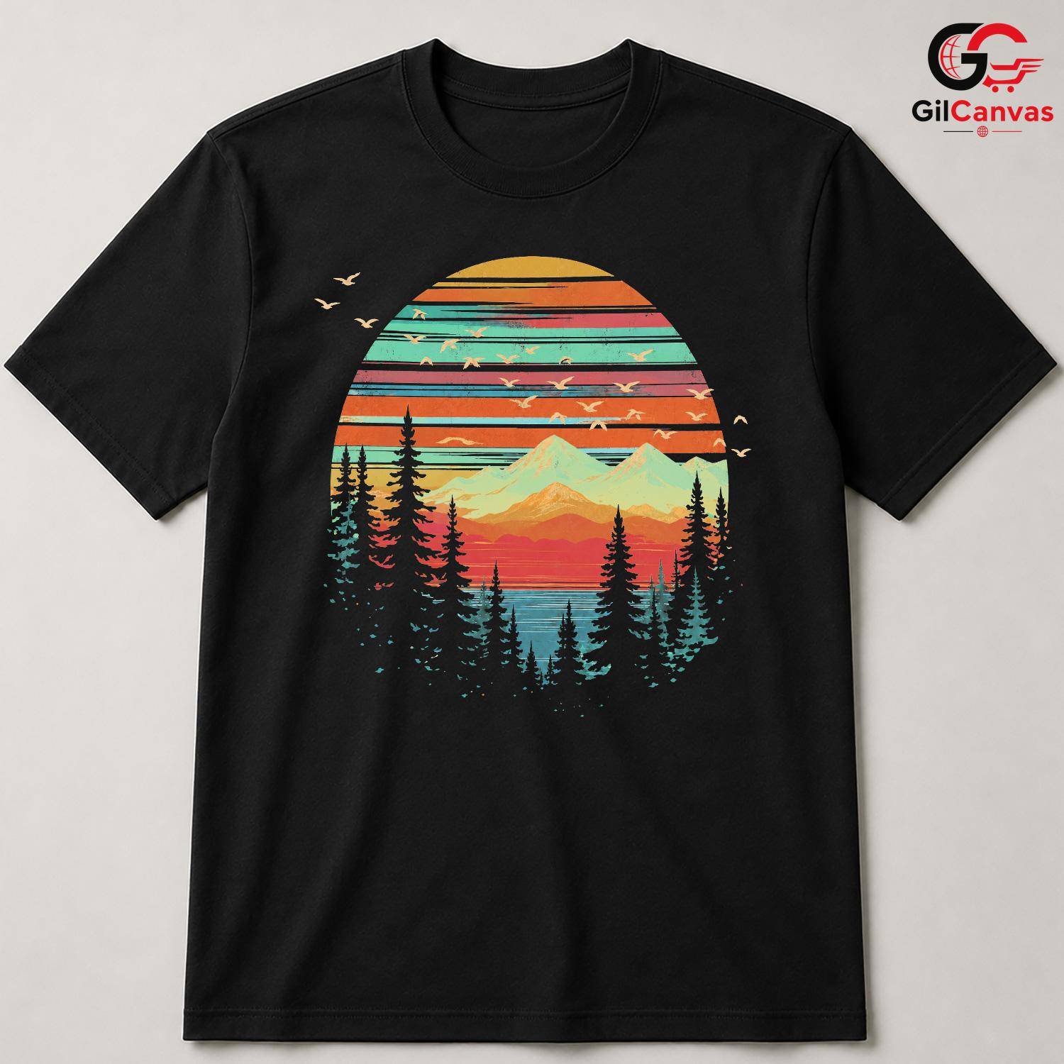 Retro Mountain Lake T-Shirt Sunset Nature Hiking Unisex Outdoor Camping Apparel