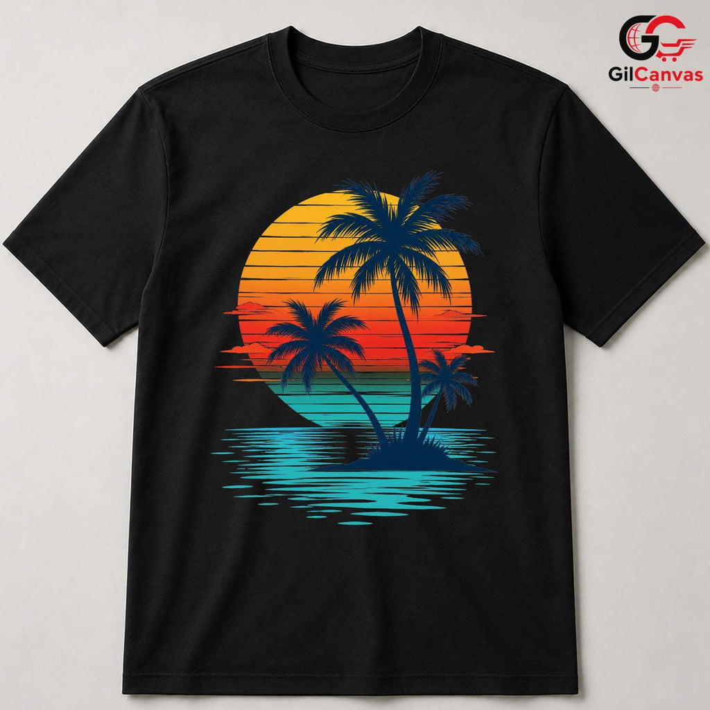 Retro Sunset Palm Tree T-Shirt Island Beach Vacation Unisex Ocean Holiday Tee