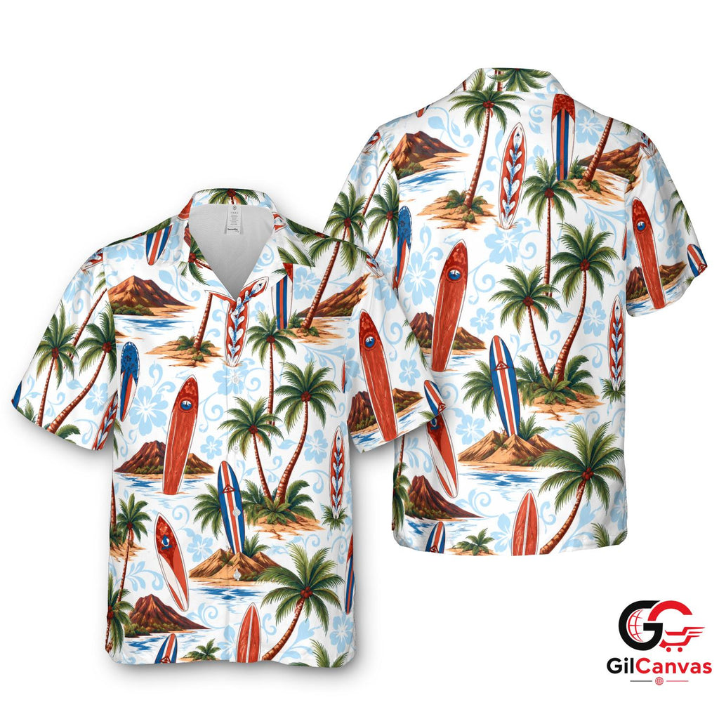 Retro Surfboard Hawaiian Shirt For Men Summer Vacations Tropical Paradise Fit
