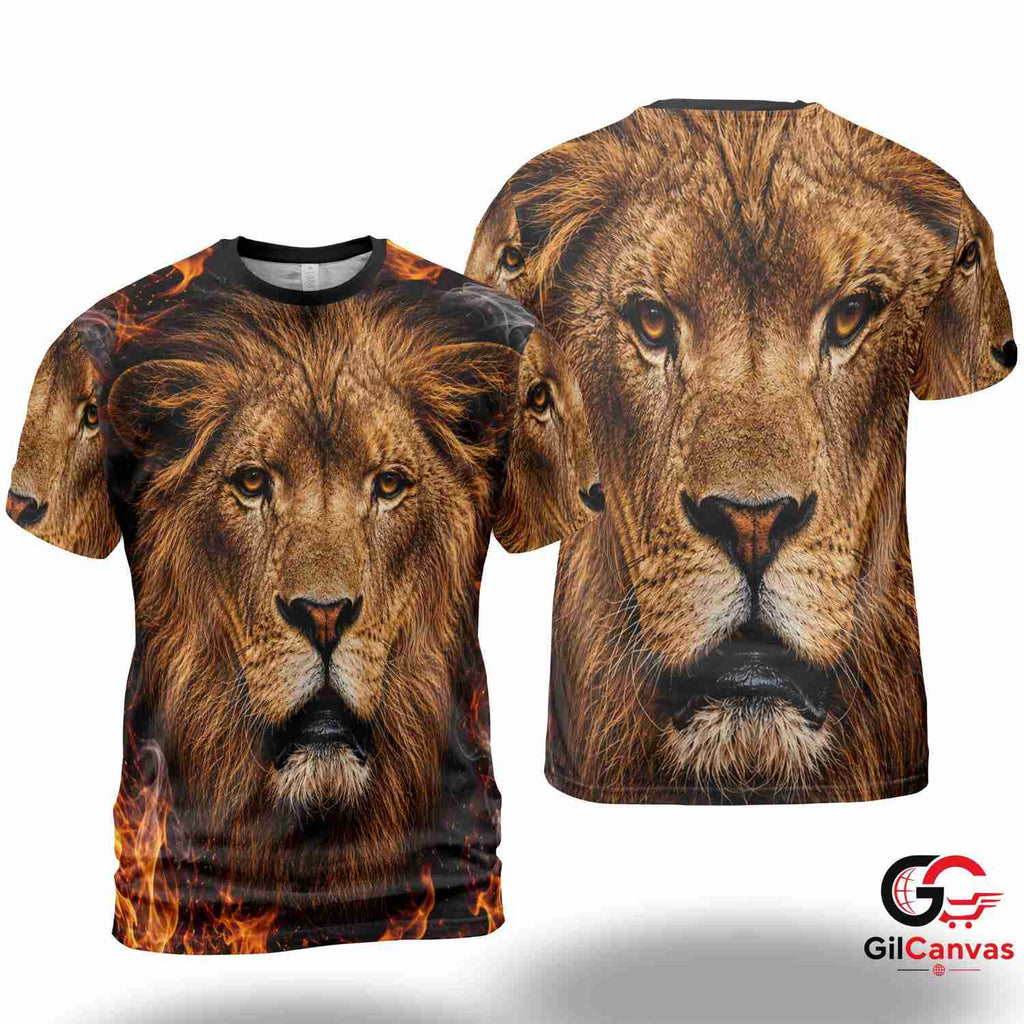 Roaring Lion Fire 3D T-Shirt, Wild Animal Unisex Graphic Tee For Halloween Fun