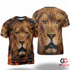 Roaring Lion Fire 3D T-Shirt, Wild Animal Unisex Graphic Tee For Halloween Fun