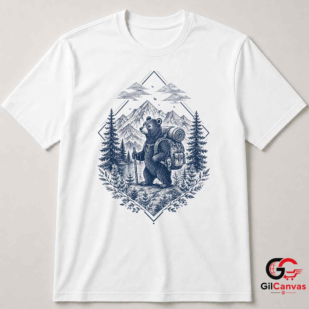 Rustic Bear Hiking Adventure T-Shirt Mountain Forest Art Unisex Graphic Apparel