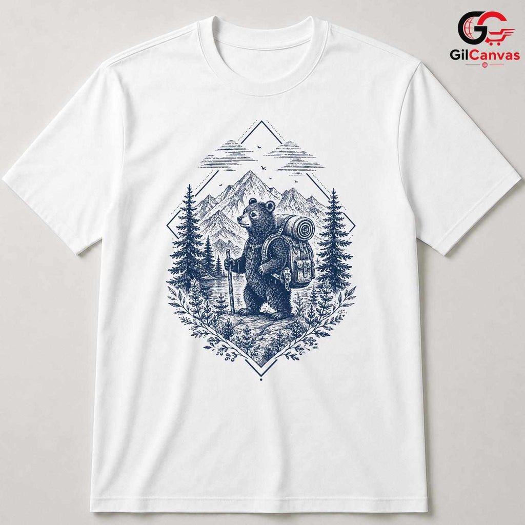 Rustic Bear Hiking Adventure T-Shirt Mountain Forest Art Unisex Graphic Apparel