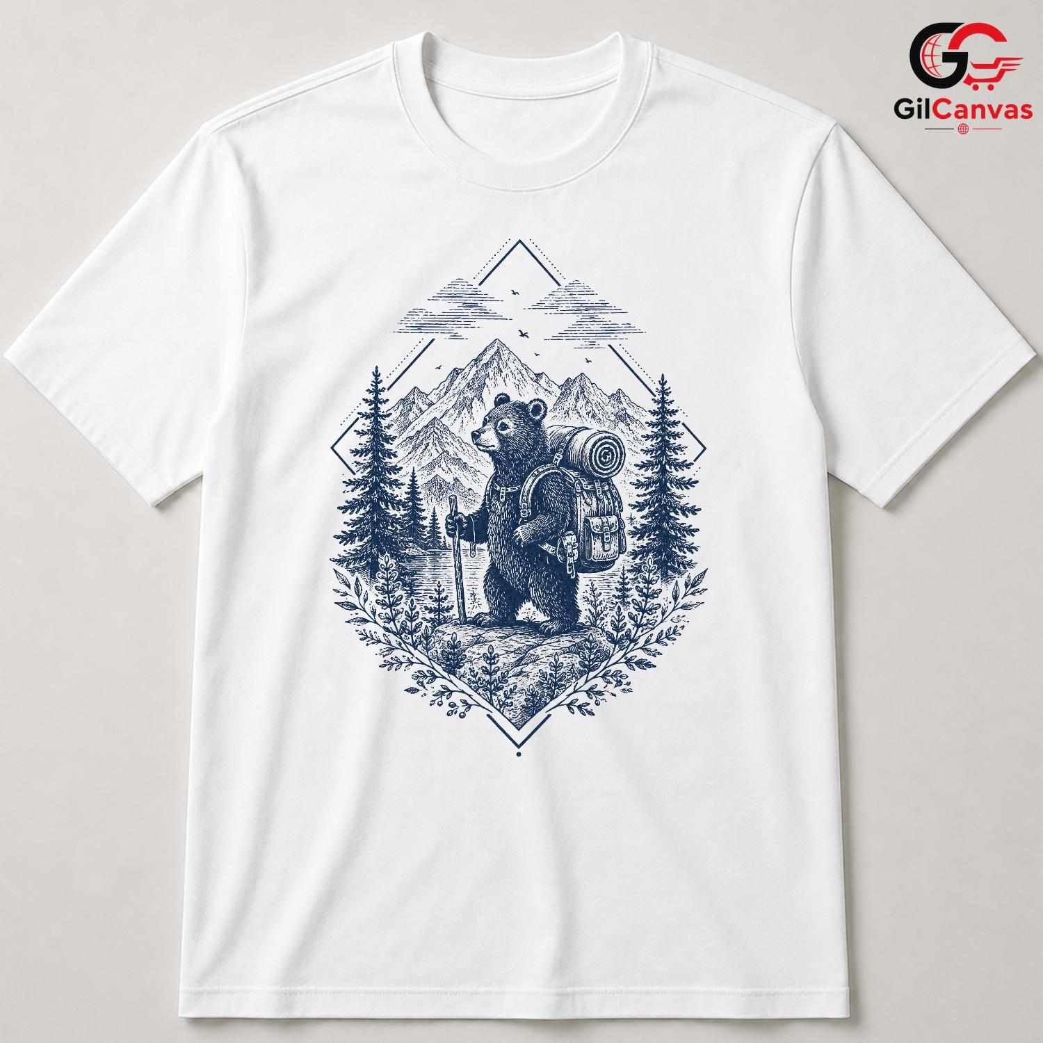 Rustic Bear Hiking Adventure T-Shirt Mountain Forest Art Unisex Graphic Apparel