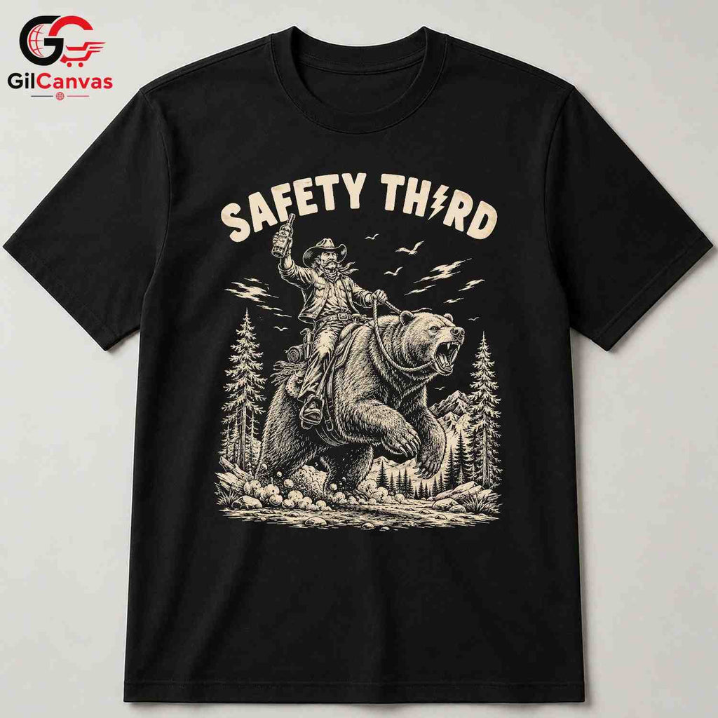 Safety Third Bear T-Shirt Cowboy Outdoor Enthusiast Adventure Graphic Unisex