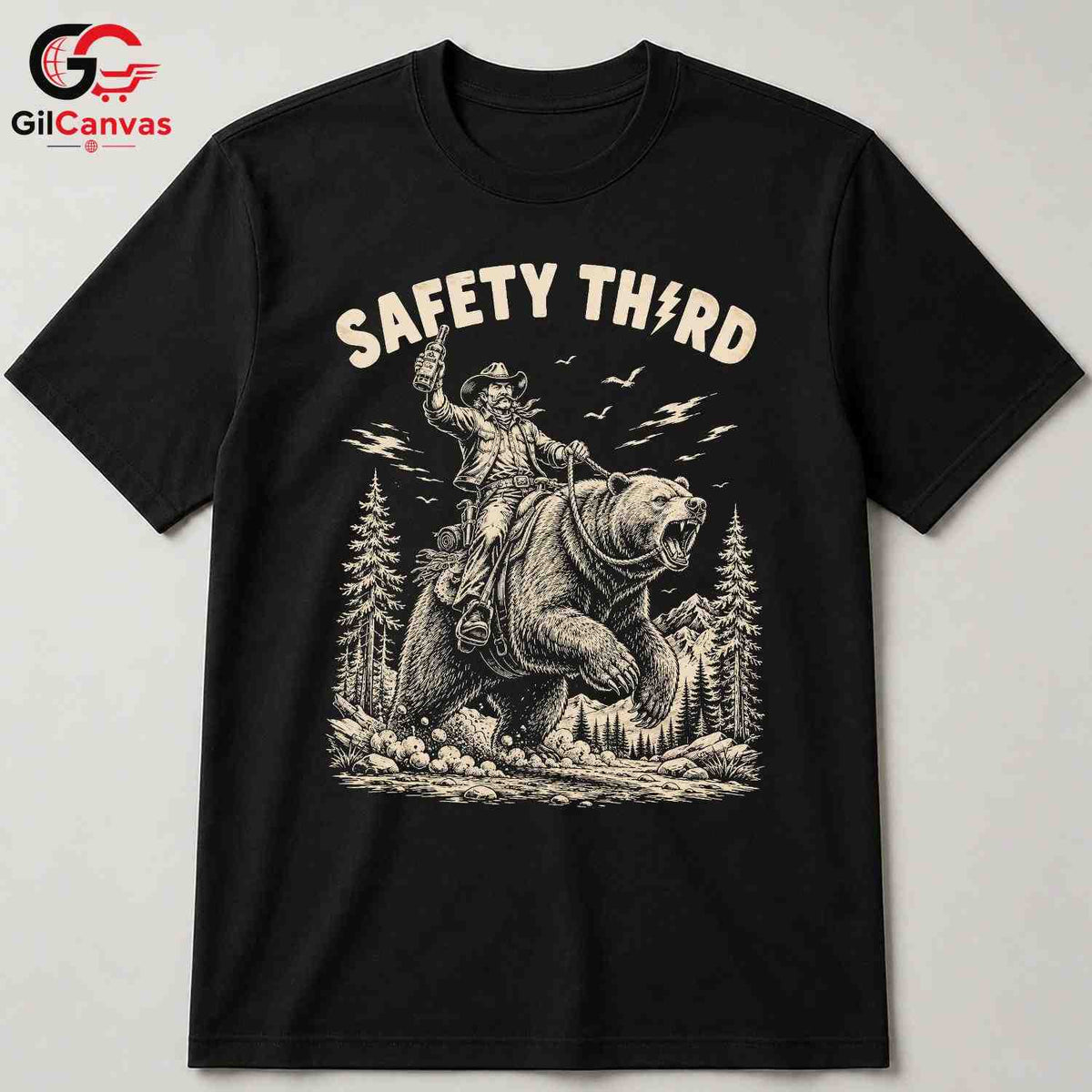 Safety Third Bear T-Shirt Cowboy Outdoor Enthusiast Adventure Graphic Unisex