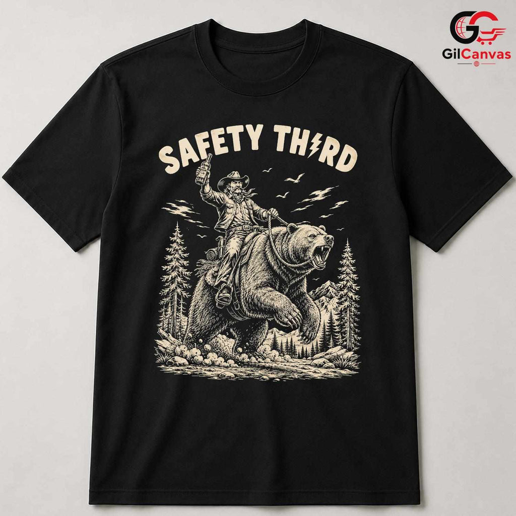 Safety Third Bear T-Shirt Cowboy Outdoor Enthusiast Adventure Graphic Unisex