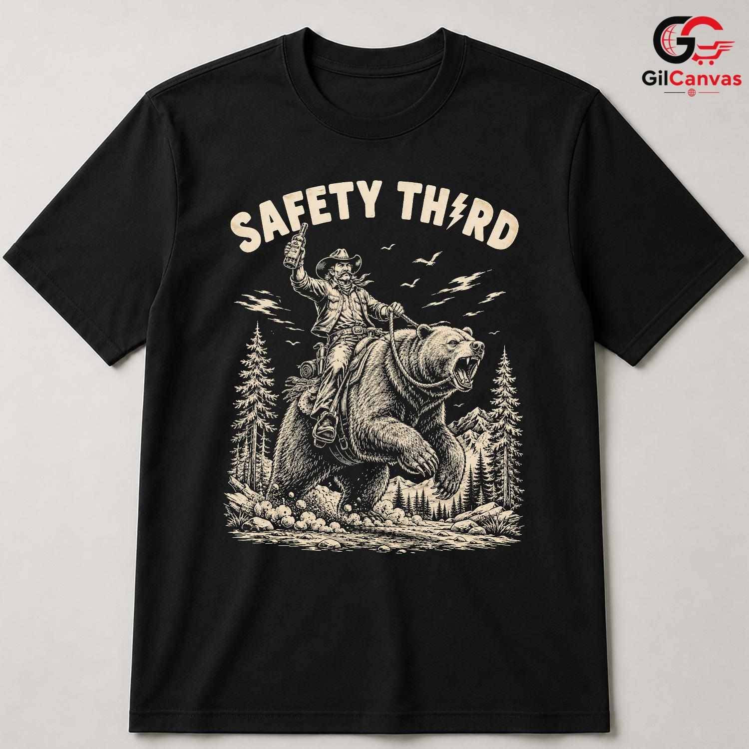 Safety Third Bear T-Shirt Cowboy Outdoor Enthusiast Adventure Graphic Unisex