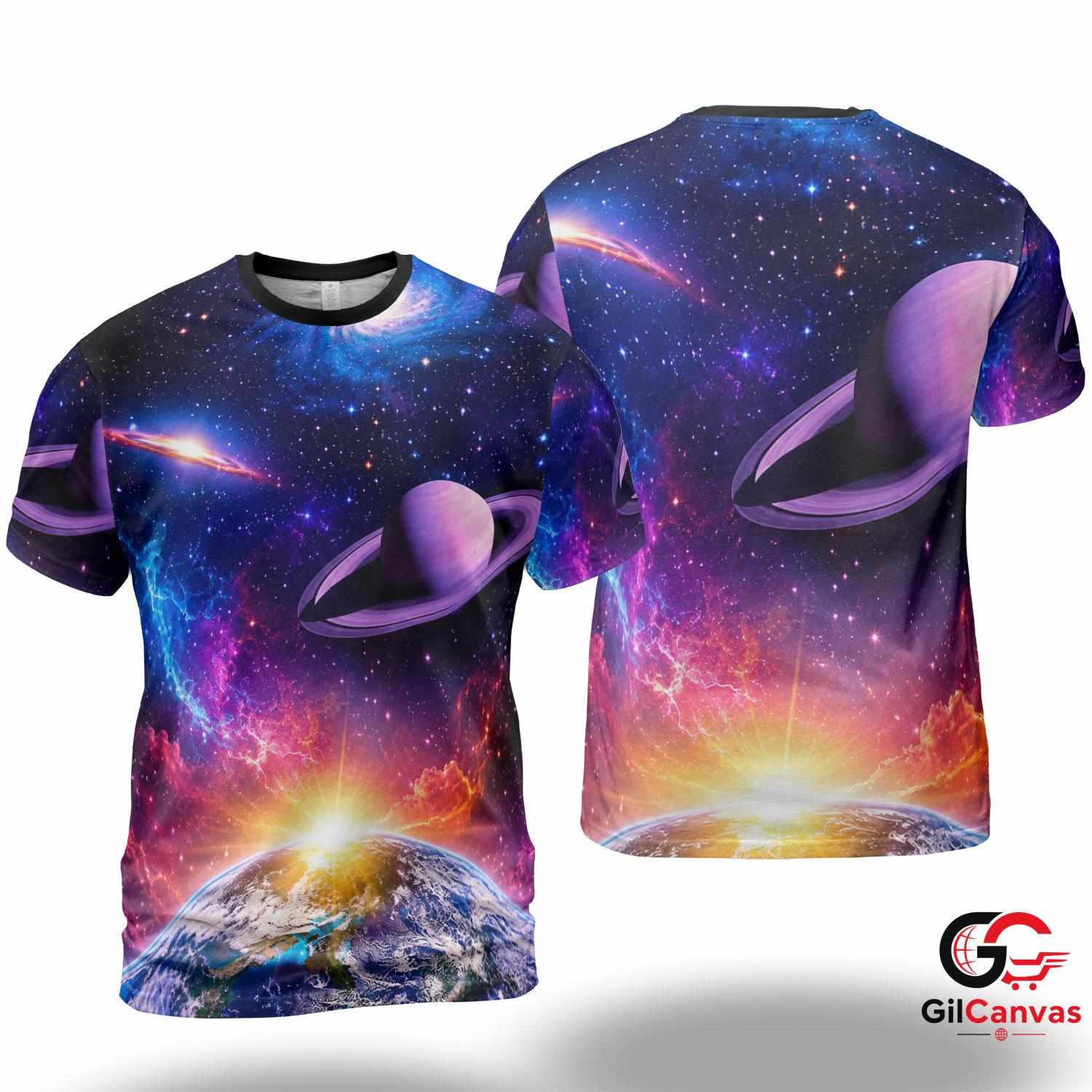 Saturn Cosmic Space 3D T-Shirt, Beautiful Unisex Galaxy Graphic Tee Astronomy