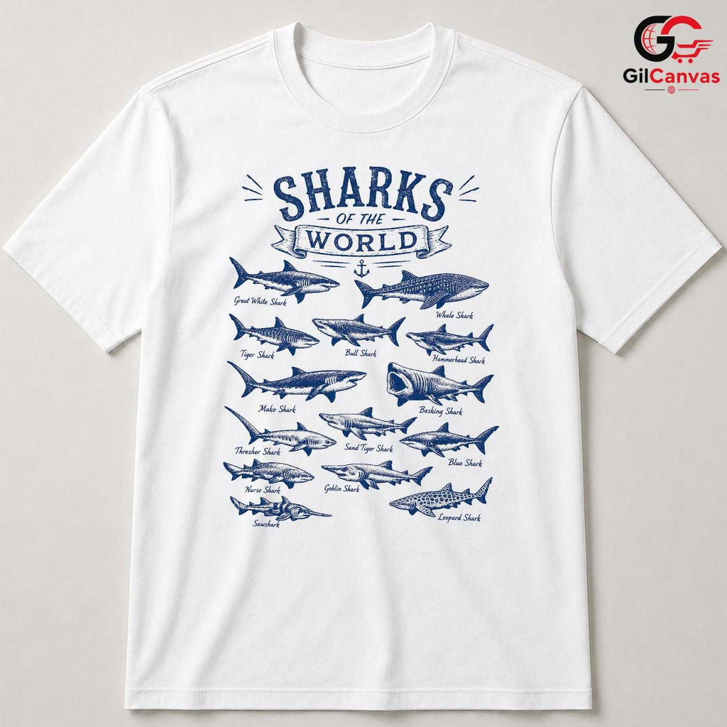 Shark Species Chart Graphic T-Shirt Marine Biology Gift Unisex Vintage Apparel